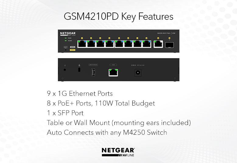 NETGEAR AV Line M4250-9G1F-PoE+ (GSM4210PD) | Switch Gestionado de 8 Puertos Gigabit PoE+ (110W) + 1 SFP | Optimizado para AV-over-IP, Dante, NDI y Kramer| Switch de Red Profesional Capa 3