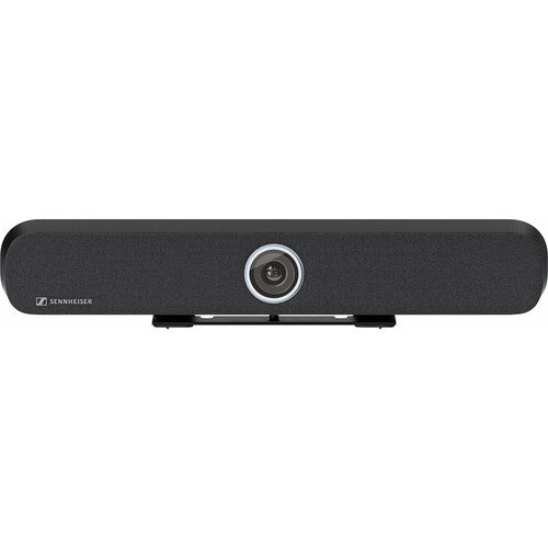 Vista frontal de la barra de videoconferencia Sennheiser TeamConnect Bar S con cámara 4K y altavoces integrados.