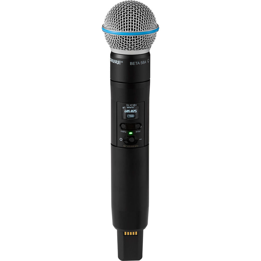 Primer plano del micrófono de mano Shure Beta 58A mostrando su rejilla de acero endurecido con el anillo azul característico