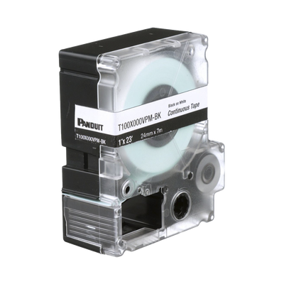 Casete de Etiquetas de Vinilo de Cinta Continua, Color Negro Sobre Blanco, Uso Interior/Exterior, 24 mm (1 in) de Ancho x 7.6 Metros de Largo