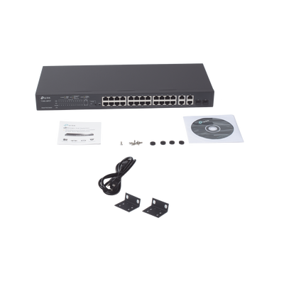 Smart Switch PoE+ administrable Capa 2, 24 puertos 10/100 Mbps, 4 puertos 10/100/1000 Mbps + 2 puertos SFP combo, 192 W