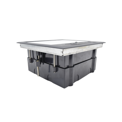 Caja de piso para cuatro módulos universales (Socket M4), para alimentación eléctrica y redes de datos (11000-43401) No incluye faceplates