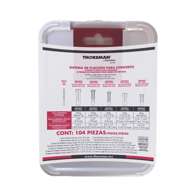 Kit para Sistemas de Fijación en Concreto, Taquetes con doble expansión y guía incluida para fácil instalación (104 piezas)