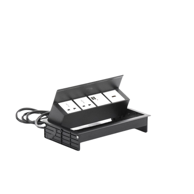 Caja Horizontal tipo Hub para escritorio color negro, con 1 Puerto HDMI Hembra-Hembra, 1 puerto RJ45 Cat6,  2 Puertos USB (Solo carga),  y 2 Contactos eléctricos universales