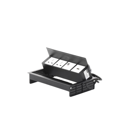 Caja Horizontal tipo Hub para escritorio color negro, con 1 Puerto HDMI Hembra-Hembra, 1 puerto RJ45 Cat6,  2 Puertos USB (Solo carga),  y 2 Contactos eléctricos universales