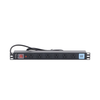 Tomacorriente Horizontal (PDU) de 6 contactos (NEMA 5-15R) + 2 USB para instalación en Rack de 19", 1UR, 125 Vca/ 15 A (THE0040091001001)