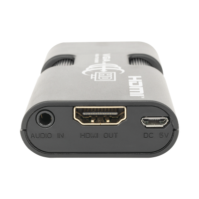 MINI Adaptador de VGA a HDMI /  Resolución 1920x1080 @ 60Hz / Jack de audio de 3.5mm / Soporta alimentacion  por Micro USB.