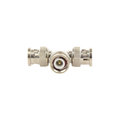 Adaptador de Triple conectores BNC macho para uso en sistemas de video vigilancia en aplicación con cables coaxiales RG-59/ RG-6, Níquel/ Oro/ Politetrafluoroetileno.