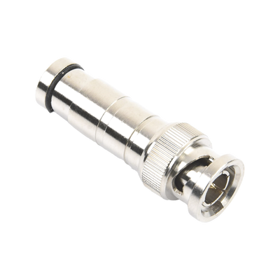 Conector BNC Macho en 75 Ohm, de Compresión Axial para Cable Coaxial RG-59/U, Níquel/ Oro/ Politetrafluoroetileno.