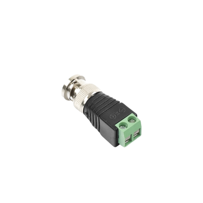 Adaptador de conector BNC macho a 2 terminales-tornillo para cables AWG-26-14, en aplicaciones Video Vigilancia, Níquel/ Oro/  PTFE y PVC.