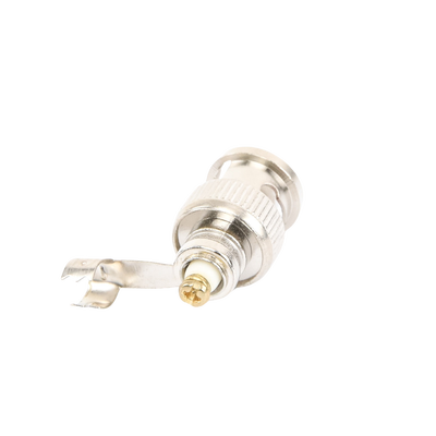 Conector BNC macho en 75 Ohm, para cable coaxial RG-59 / Con base de alivio negra de PVC, Níquel/ Oro/ PTFE.