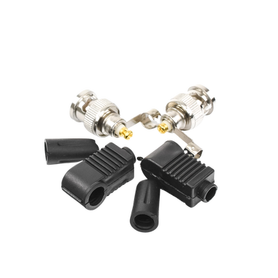 Conector BNC Macho de 75 Ohm en Ángulo Recto con Base Plástica de Alivio en PVC para Cable Coaxial RG-59/ RG-6.