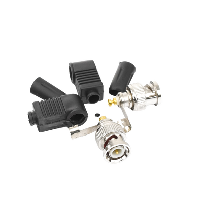 Conector BNC Macho de 75 Ohm en Ángulo Recto con Base Plástica de Alivio en PVC para Cable Coaxial RG-59/ RG-6.