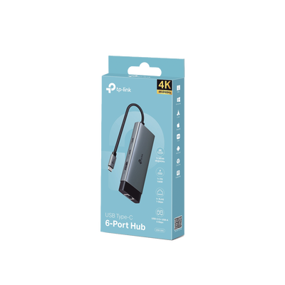 Adaptador HUB 6 en 1, 1 puerto USB-C entrada, 1 puerto HDMI 4K, 1 puerto Ethernet Gigabit, 1 puerto USB-C y 2 puertos USB-A