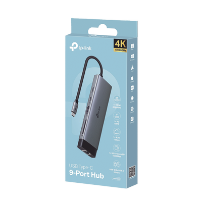 Adaptador HUB 9 en 1, 1 puerto USB-C entrada, 1 puerto HDMI 4K, 1 puerto Ethernet Gigabit, 1 puerto SD y MicroSD, 1 puerto USB-C y 3 puertos USB-A