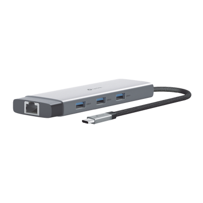 Adaptador HUB 9 en 1, 1 puerto USB-C entrada, 1 puerto HDMI 4K, 1 puerto Ethernet Gigabit, 1 puerto SD y MicroSD, 1 puerto USB-C y 3 puertos USB-A