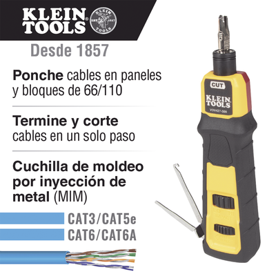 Herramienta Ponchadora de Impacto con Cuchilla para Paneles y Bloques de 66/110. Termina y Corta Cables CAT3, CAT5e y CAT6/6A en 1 paso