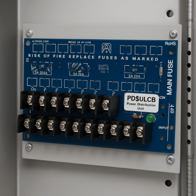 Módulo de Distribución de Energía UL PD8ULCB / 8 Salidas Clase 2 PTC Protegidas / Entrada 12-24VDC o 24-28VAC / Auto-resetable / Montaje Incluido / Garantía de Por Vida