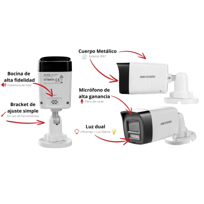 [Audio Bidireccional + Dual Light + ColorVu] Bala TURBOHD 3K  (5 Megapixel) / Lente 2.8 mm Angulo de vision 112° / 30 mts IR EXIR + 20 mts Luz Blanca / Micrófono y Bocina Integrado / Exterior IP67 / Metal / dWDR