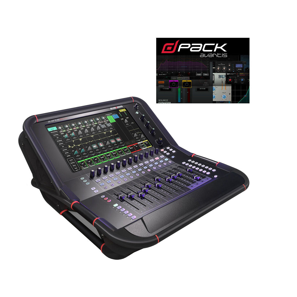 Consola digital Allen & Heath Avantis de 64 canales con doble pantalla táctil de 15.6 pulgadas para ingeniería de audio profesional y eventos en vivo.