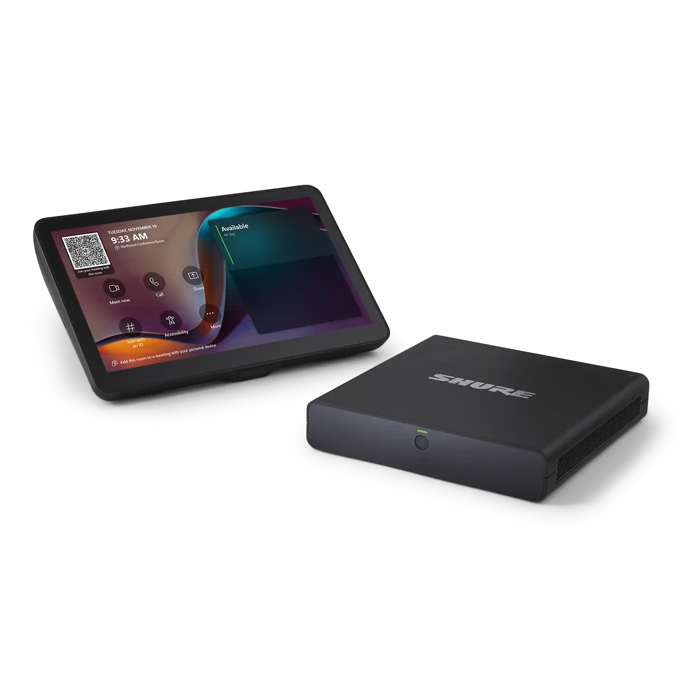 SHURE IMXRK50 Sistema integral de videoconferencia diseñado para salas medianas y grandes. Incluye el micrófono y altavoz de techo MXA902, cámara Huddly L1, panel táctil de 11", CPU con Windows 11 IoT y DSP IntelliMix Room. Ofrece configuración automática