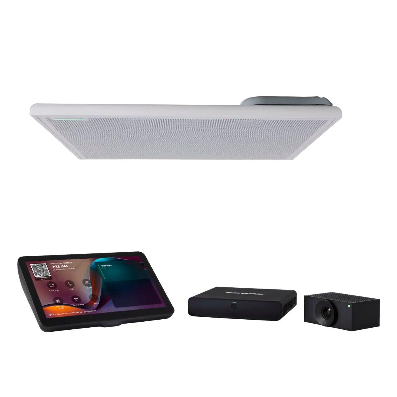 SHURE IMXRK50 Sistema integral de videoconferencia diseñado para salas medianas y grandes. Incluye el micrófono y altavoz de techo MXA902, cámara Huddly L1, panel táctil de 11", CPU con Windows 11 IoT y DSP IntelliMix Room. Ofrece configuración automática
