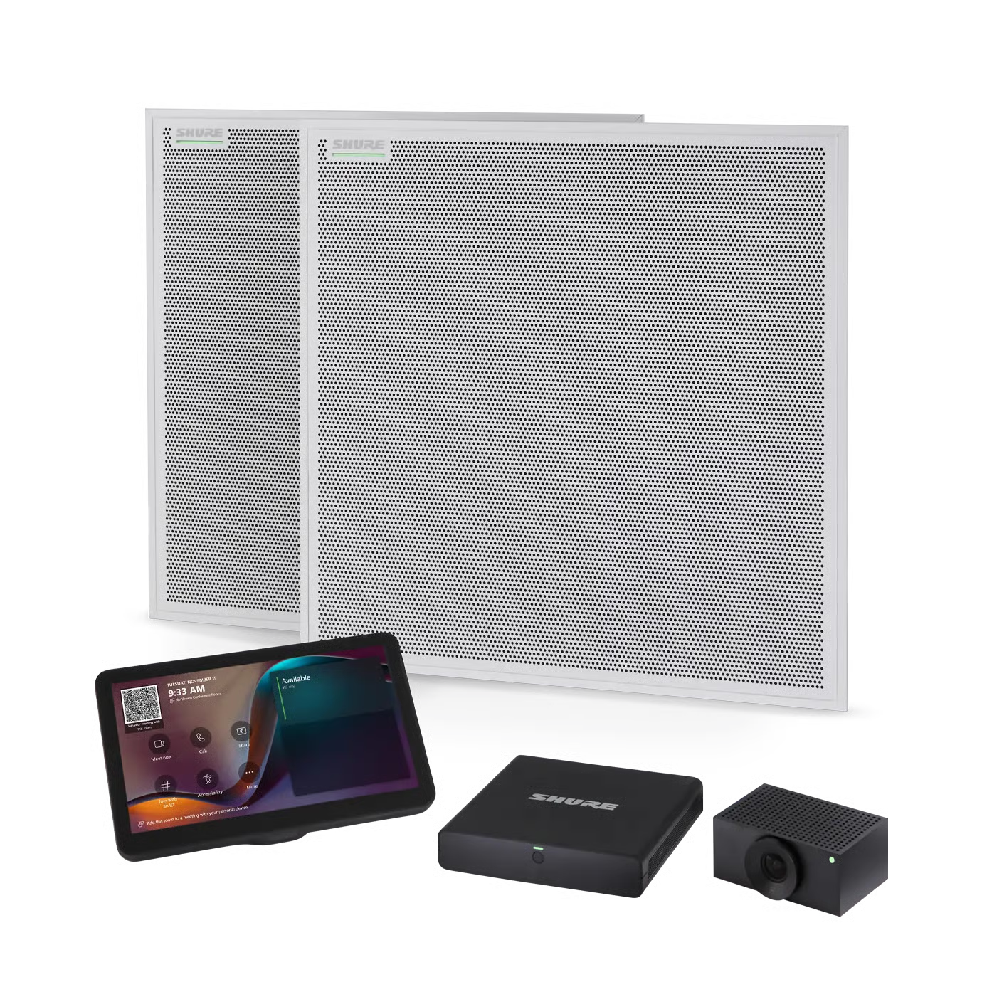 SHURE IMXRK70 IntelliMix Room Kit 70 System para Microsoft Teams Rooms, videoconferencia diseñado para salas grandes. Incluye 2 micrófonos y altavoz de techo MXA902, cámara Huddly L1, panel táctil de 11", CPU Windows 11 IoT y DSP IntelliMix Room
