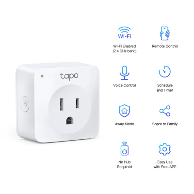 Mini tomacorriente inteligente Wi-Fi, 100 - 120V~, 50/60Hz, 15.0A, compatible con Amazon Alexa y Google Assistant, color blanco.