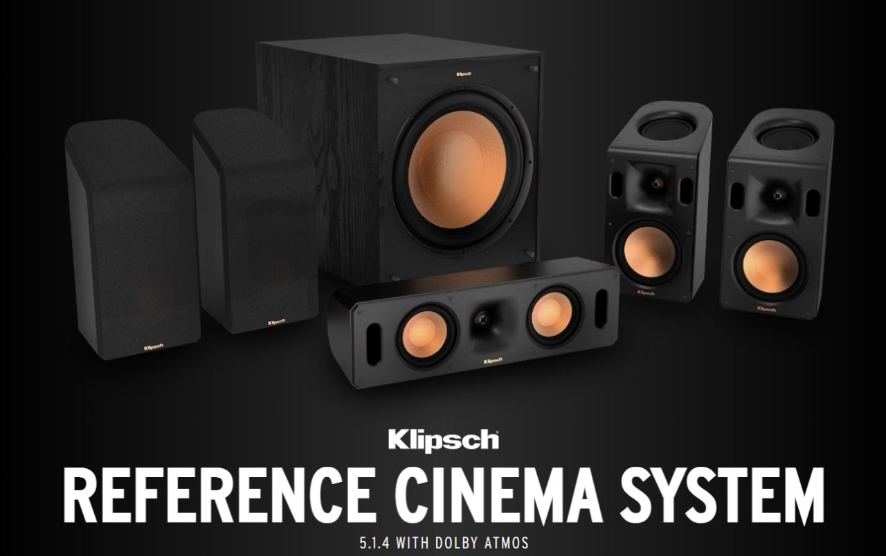 Klipsch Reference Cinema System 5.1.4 con Dolby Atmos incluye un subwoofer de 10" Con cuatro parlantes satélite equipados con tecnología Dolby Atmos, 1 Canal central IMG de cobre hilado, woofers de grafito moldeado por inyección (IMG)