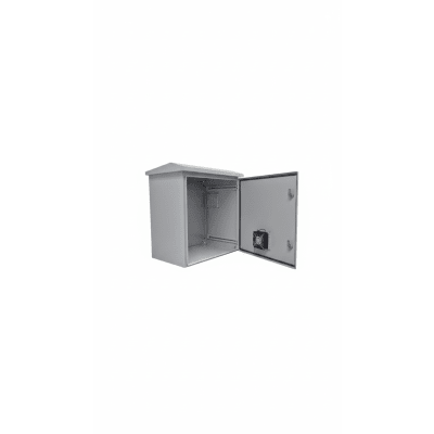 Gabinete Ventilado de Acero IP55 Uso en Exterior (593 x 609 x 399 mm) con Placa Trasera Interior Metálica y Compuerta Inferior Atornillable. Incluye Ventilador, Ventilas, filtros, Montaje Rack 19", Terminal de Tierra Física, Chapas y Ll