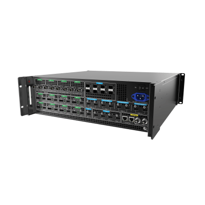 Switcher de Presentación 4K / Hasta 12 Capas DL (2 MAIN + 10 PIP) / 10G Fibra Óptica 10 km / HDMI 2.0 DP 1.2 12G-SDI / Modos Duales Switcher y PGM / Dante Audio 32x32 / Multiviewer Dedicado / Backup Automático