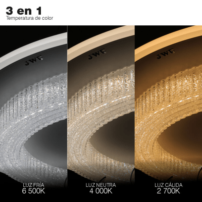 Ventilador de Techo con Luminario LED de 110 V CA 50/60 Hz /  88 W / 3 Tonos de Luz (6500 - 4 000 - 2 700 K) / Con giro 360° / Diámetro 495 mm / 6 Velocidades / Dimeable.