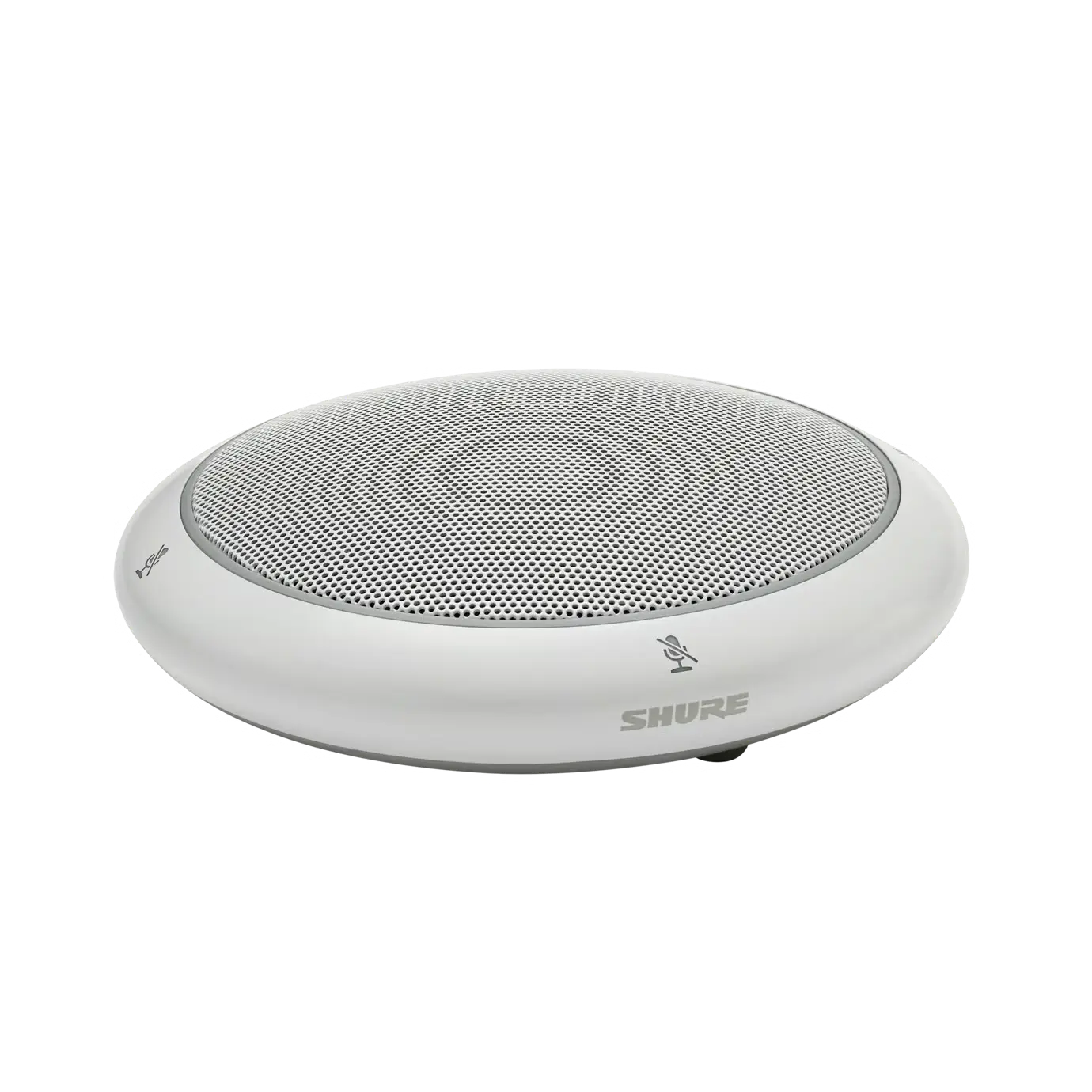 Perfil lateral del micrófono de conferencia Shure MXA320 en color blanco. Se observa cómo su diseño estilizado y compacto apenas sobresale de la mesa, ideal para salas de juntas estéticas.