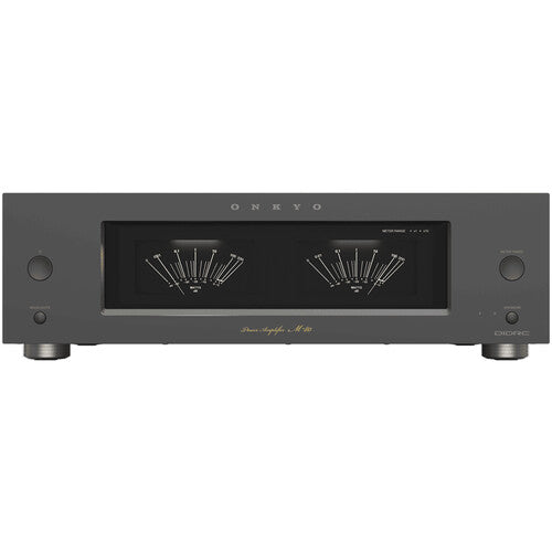 Amplificador de potencia estéreo Onkyo M-80 frontal color [negro/plata] con vúmetros analógicos encendidos.