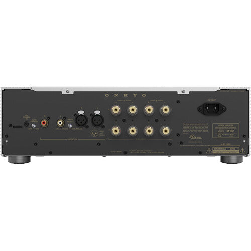 Panel de conexiones traseras del Onkyo M-80 mostrando entradas XLR balanceadas y terminales de altavoz.
