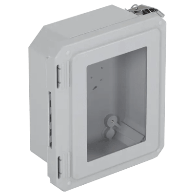 Caja Impermeable De Fibra De Vidrio, 8.77" (22.27cm) Alto x 6.77" (17.19cm) Ancho x 4.06" (10.31cm), Con Ventanilla, Listado UL/cUL, Hecho En EE.UU, Serie EnviroArmour®