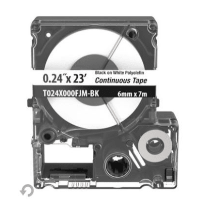 Casete de Etiquetas de Poliolefina de Cinta Continua, Color Negro Sobre Blanco, Uso Interior/Exterior, 5.82 mm de Ancho x 7 Metros de Largo