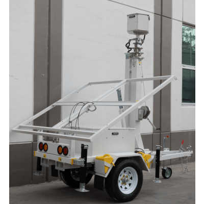 Traila / Remolque con Mástil Retráctil de 7.5 m. para Videovigilancia o Iluminación, con capacidad para Instalar Módulos Solares y Baterías (No incluidos)