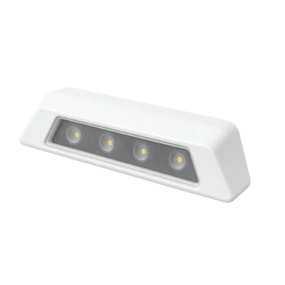 Luz de escena, 4 LED, bisel blanco, 12–24VCD, LED blanco y lente transparente