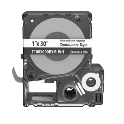 Casete MP, cinta continua, pol., 1" W x 30' L, blanco/negro