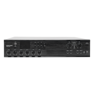 Amplificador Mezclador Matricial / 2 zonas / 240W por canal / 6 entradas / Bluetooth USB SD FM / 4 entradas mic con phantom / 100V y 4-16Ω / 787 pies de cobertura