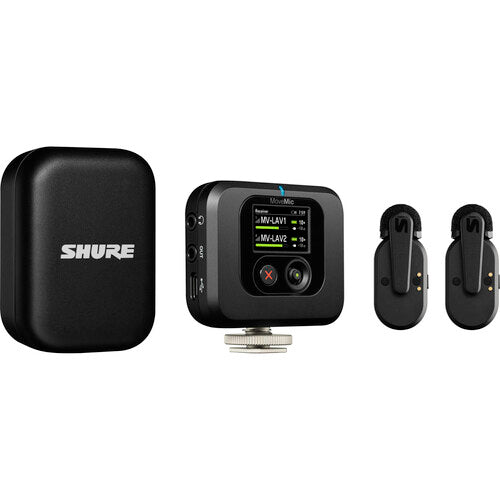 SHURE MV-TWO-KIT Micrófonos miniatura inalámbricos bluetooth, capturar audio profesional en teléfonos celulares, cámaras o computadoras. Sistema de micrófono inalámbrico con clip incluye el Receptor MoveMic compatibilidad cámaras DSLR, computadoras y etc