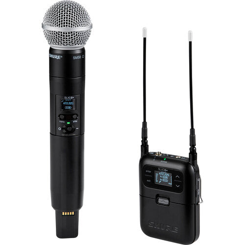 Sistema inalámbrico portátil Shure SLXD25+/58-G57 mostrando el micrófono de mano con cápsula SM58 y el receptor digital para cámara SLXD5.