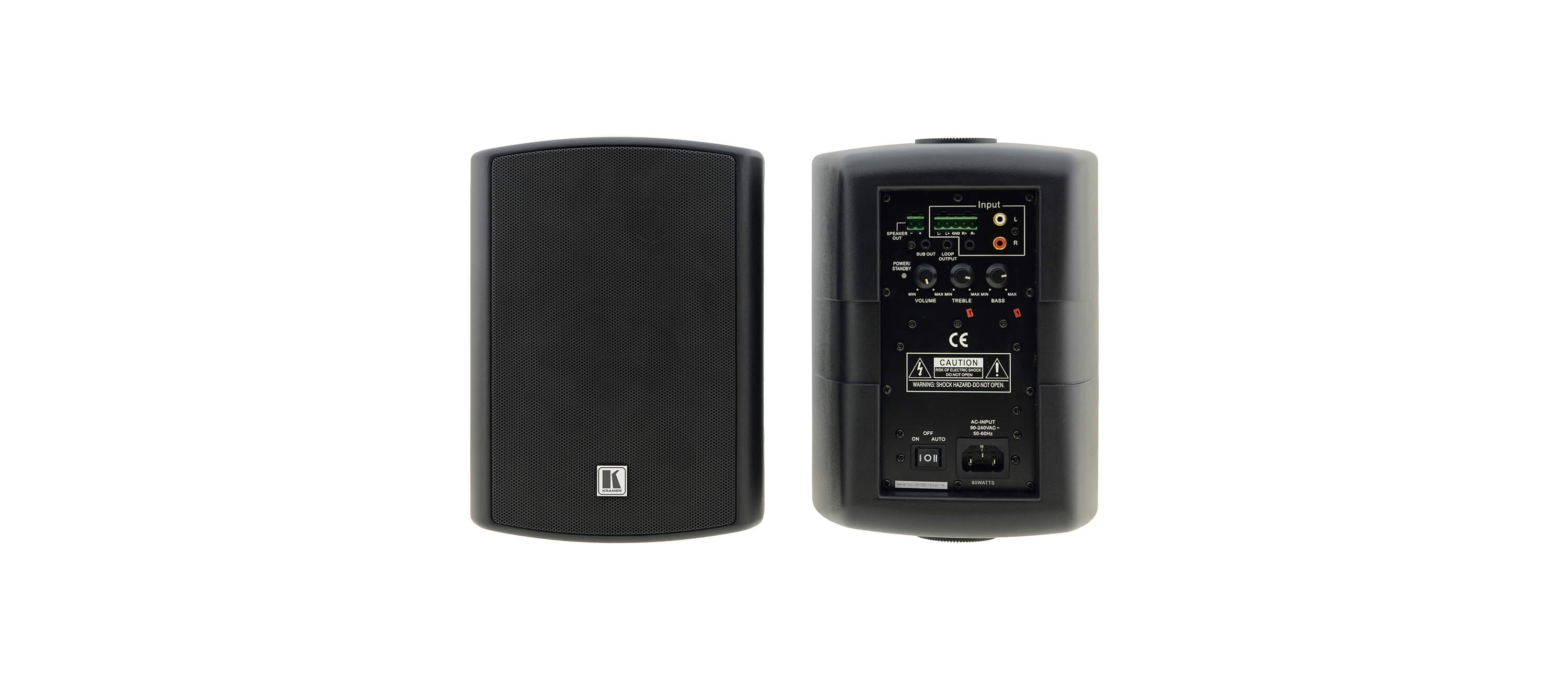 KRAMER TAVOR 5-O Altavoces amplificados  2x30W RMS de 2 vías para pared de 5,25" Controles de nivel de audio: volumen, agudos y graves. Entrada estéreo 3.5 mm, estéreo balanceado Eruroblock , RCA izquierdo y derecho, Disponible en blanco o negro 1 PAR