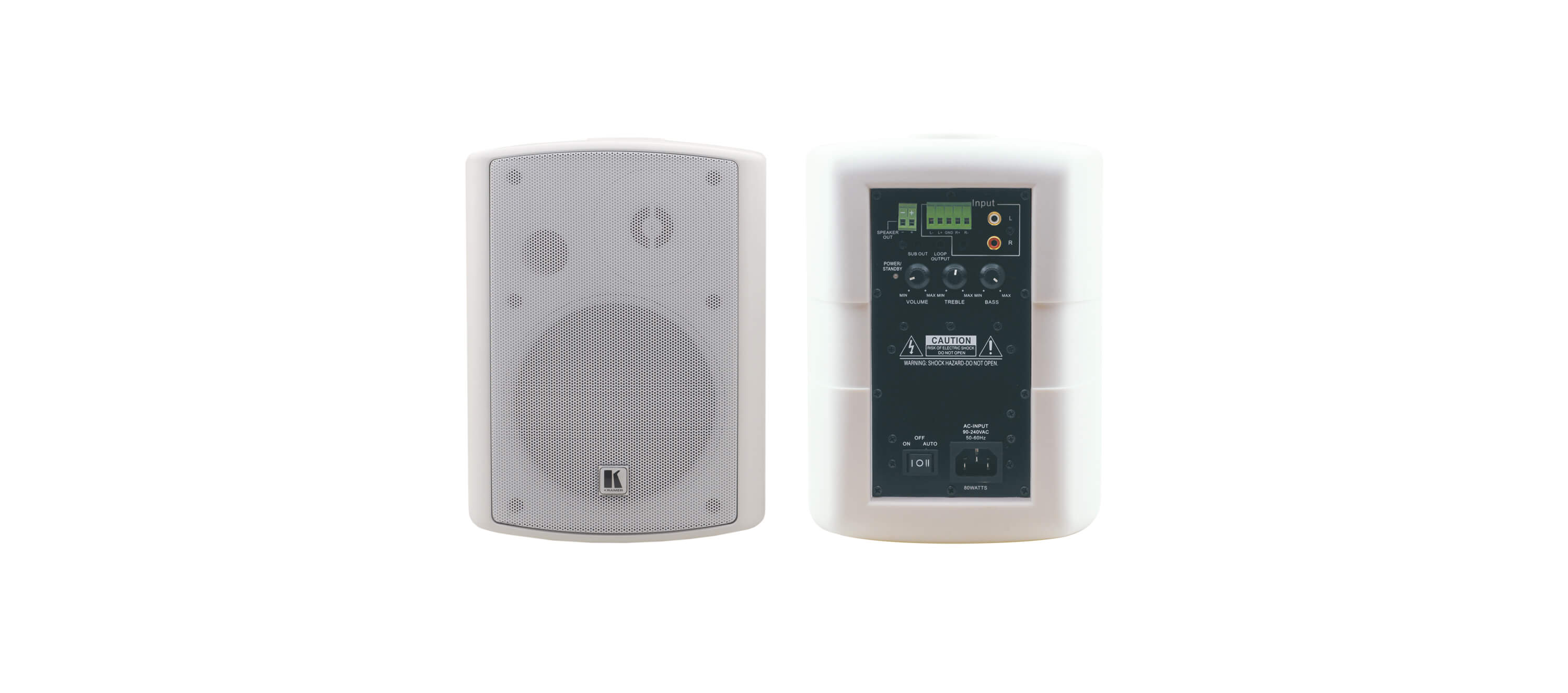 KRAMER TAVOR 5-O Altavoces amplificados  2x30W RMS de 2 vías para pared de 5,25" Controles de nivel de audio: volumen, agudos y graves. Entrada estéreo 3.5 mm, estéreo balanceado Eruroblock , RCA izquierdo y derecho, Disponible en blanco o negro 1 PAR