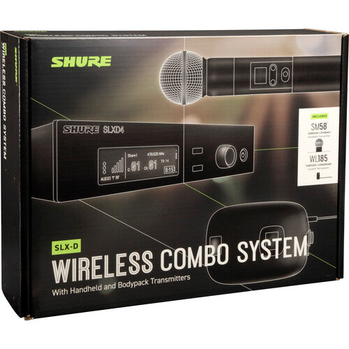 SHURE SLXD124/85 Combo inalámbrico incluye: Micrófono lavalier WL185, bodypack , Micrófono mano SM58, Receptor de montaje en rack G58: 470 a 514 MHz