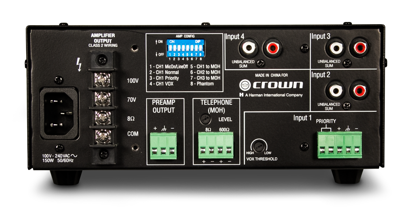 CROWN 160MA Amplificador mezclador 4 entradas, 1 salida a 60W. 4 Ω, Linea  70 V y 100 V
