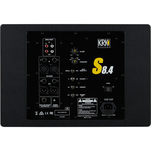 KRK S8.4 Subwoofer de estudio autoamplificado, Woofer de aramida 8" potencia 109W, Respuesta de frecuencia: 35 a 133 Hz Color Negro, 1 pieza