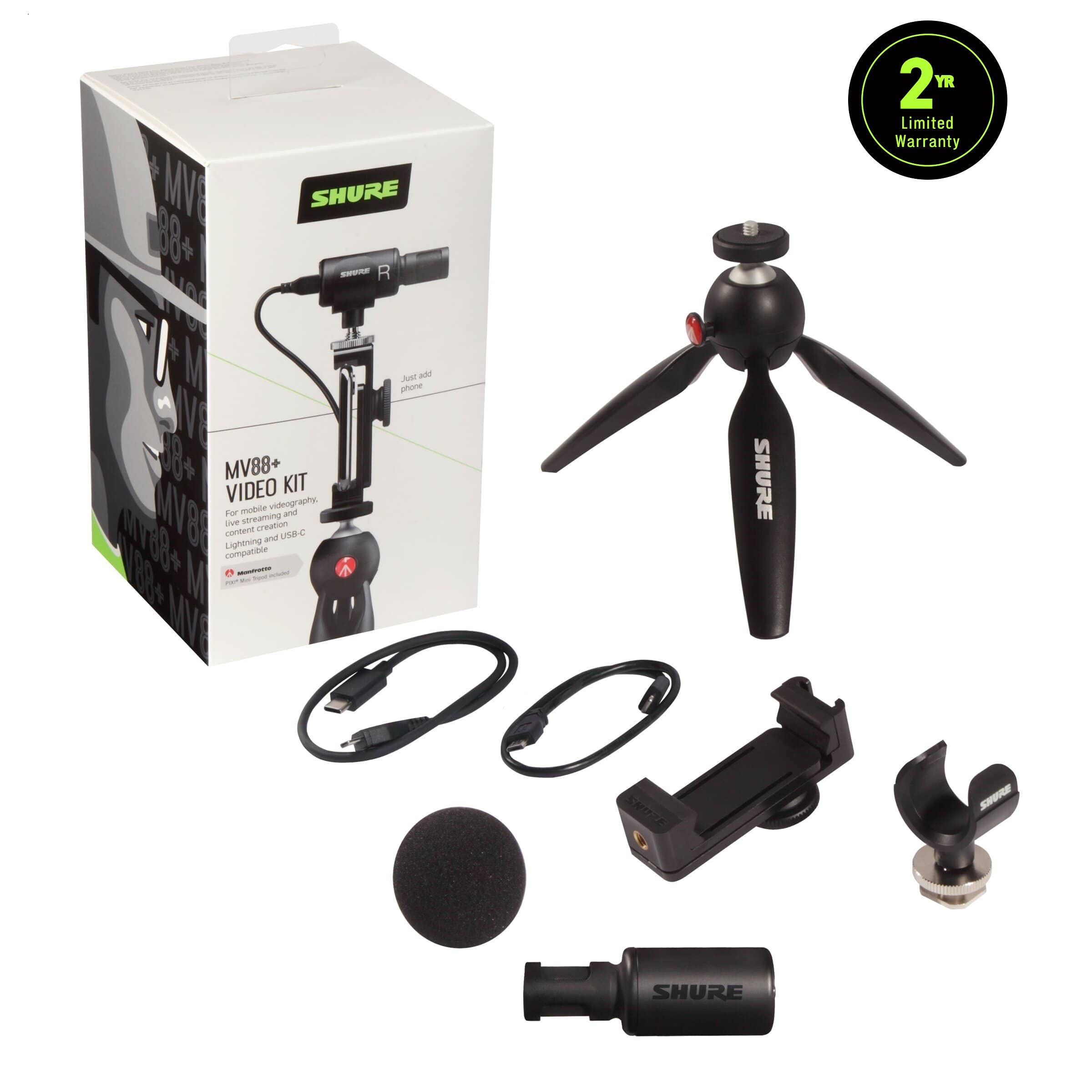 SHURE MOTIV MV88+ Kit de video Micrófono estéreo digital y trípode Manfrotto accesorios para teléfonos inteligente iOS, Android, Podcasts, vlogs