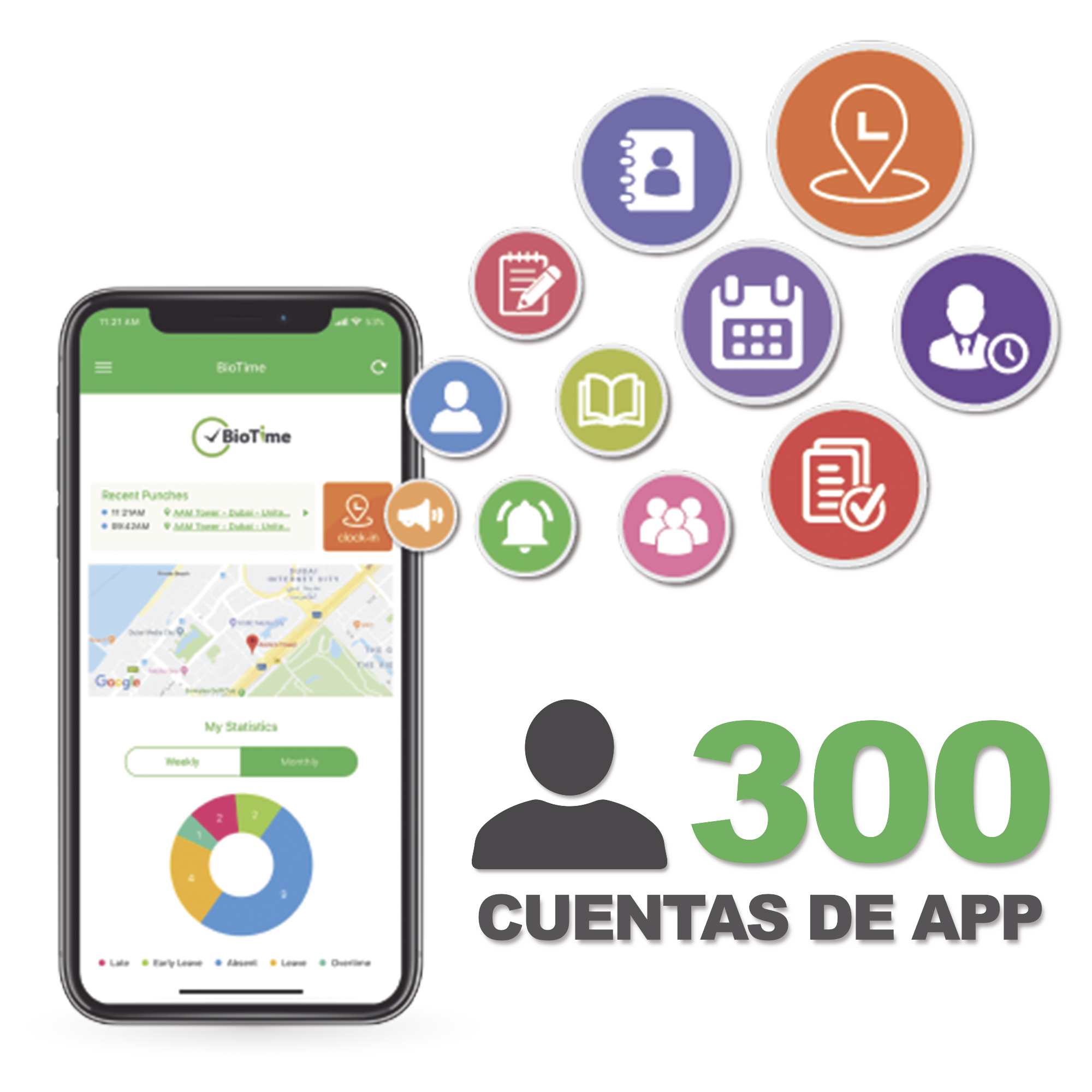 Licencia para realizar checadas de asistencia desde Smartphone (APP) con envío de fotografía y ubicación por GPS / Compatible con BIOTIMEPRO / Licencia para 300 usuario